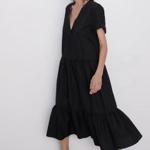 Zara Poplin Black Voluminous Tiered Short Sleeve Dress -